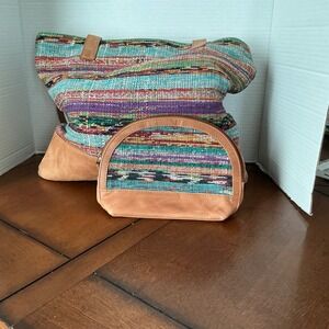 Boho Woven Striped Leather Tote Bag and Matching Zipper Pouch Set Multicolor